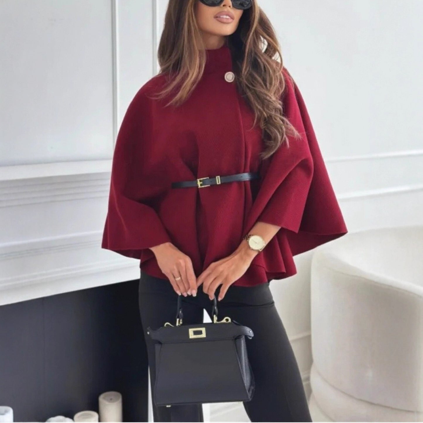 New Stand Collar Batwing Sleeves Cloak Top With Belt Ins Fashion Temperament Jacket Woolen Sweater Outwear For Women Clothing