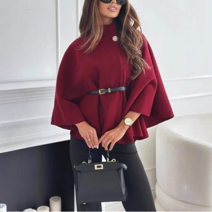 New Stand Collar Batwing Sleeves Cloak Top With Belt Ins Fashion Temperament Jacket Woolen Sweater Outwear For Women Clothing