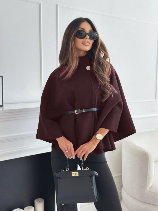 New Stand Collar Batwing Sleeves Cloak Top With Belt Ins Fashion Temperament Jacket Woolen Sweater Outwear For Women Clothing